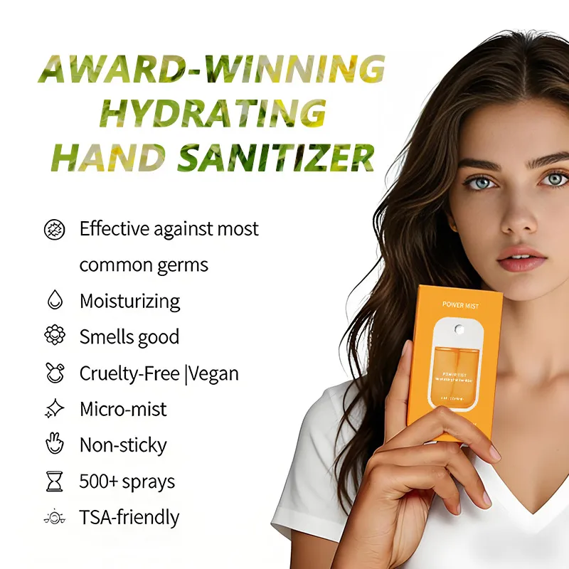Person holding orange POWER MIST and product benefits